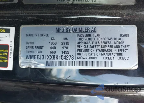 2008 Smart Fortwo Passion/Pure из США, поврежденный, VIN WMEEJ31XX8K154278